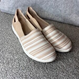 Clarks Cloudsteppers Breeze Step Women 9M Taupe Striped Canvas Slip On Loafers